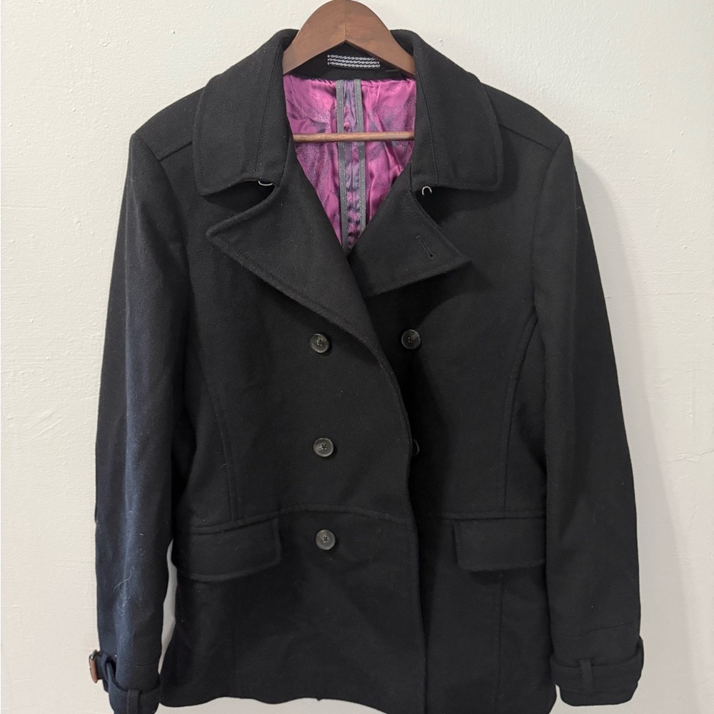 Ted Baker Black Double-Breasted Pea Coat with Pink Lining